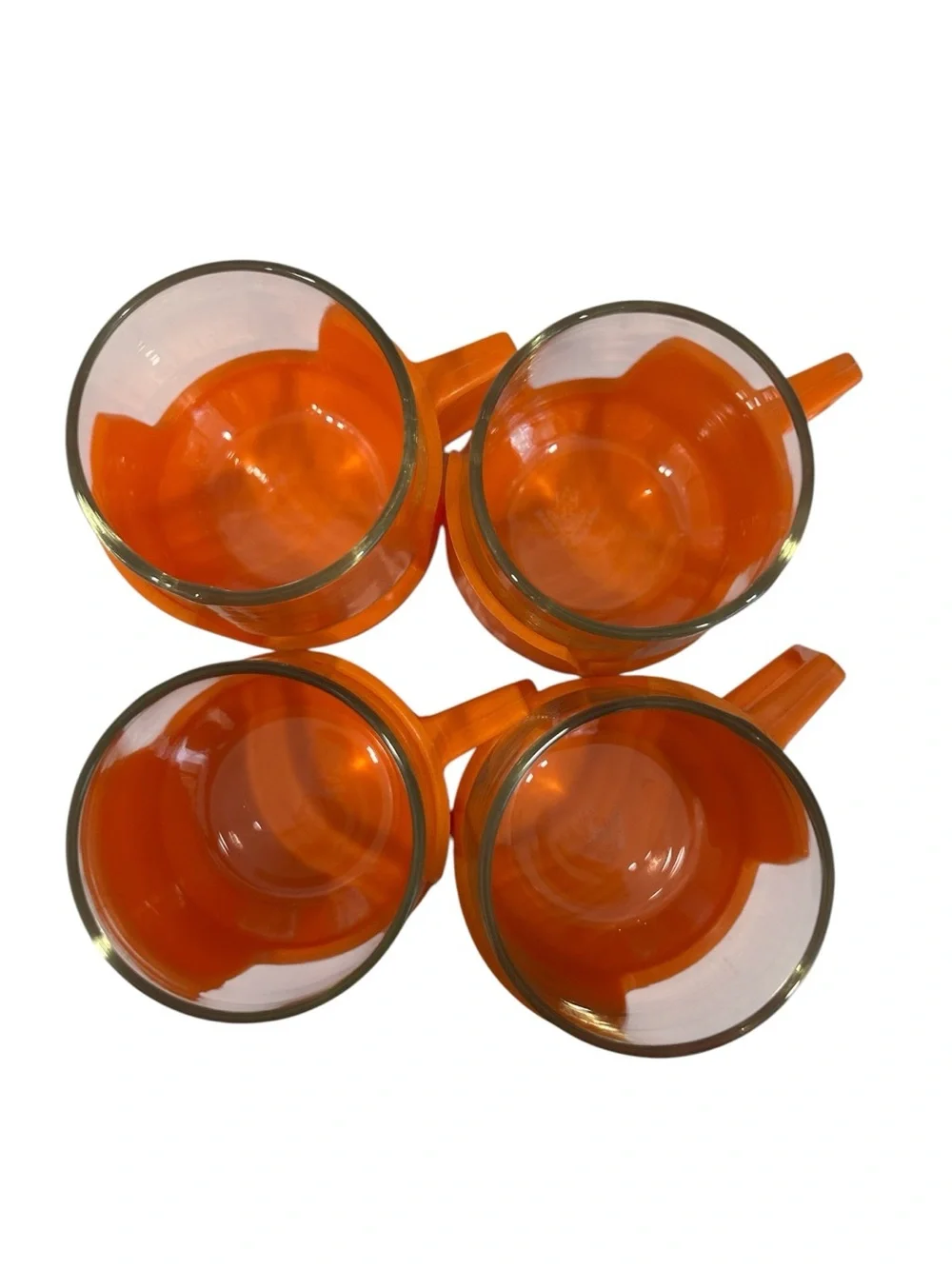 VTG JAJ Pyrex Drink Ups Lot of 4 Orange Plastic Holder Glass Mugs 1970s England